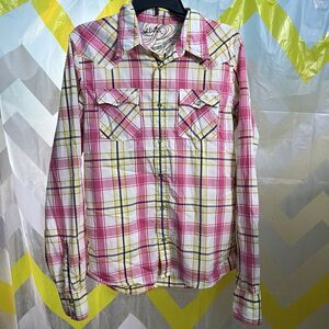 Vintage Hollister Western Shirt Mens Medium Plaid Pearl Snap Y2K Pink Lemonade